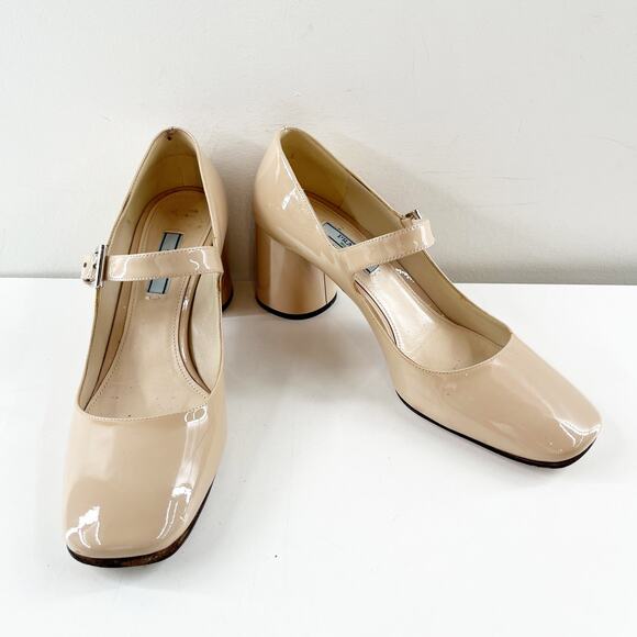 Prada Patent Leather Block Heel Square Toe Mary Jane Pumps Shoes Nude 38.5 - Picture 5 of 12